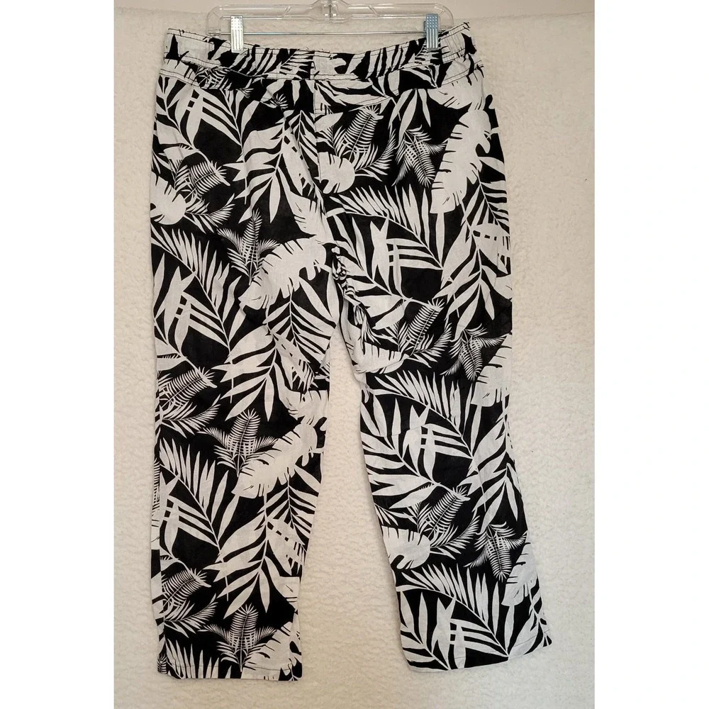 Serra Womens Pants Black White Size L Linen Blend Tropical Beach Drawstring 1275 - Picture 2 of 4